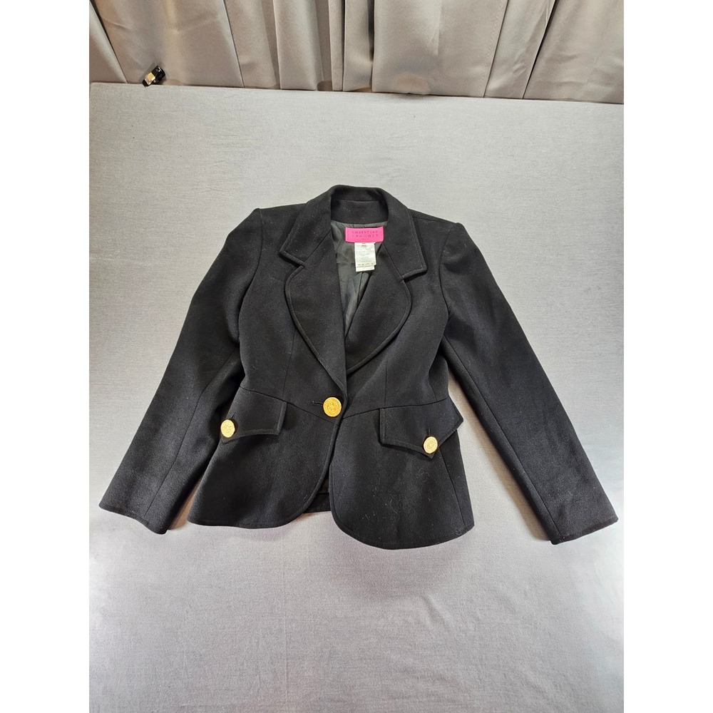 Christian Lacroix Paris Vintage Wool Blazer Black Gold Crest Button France 38